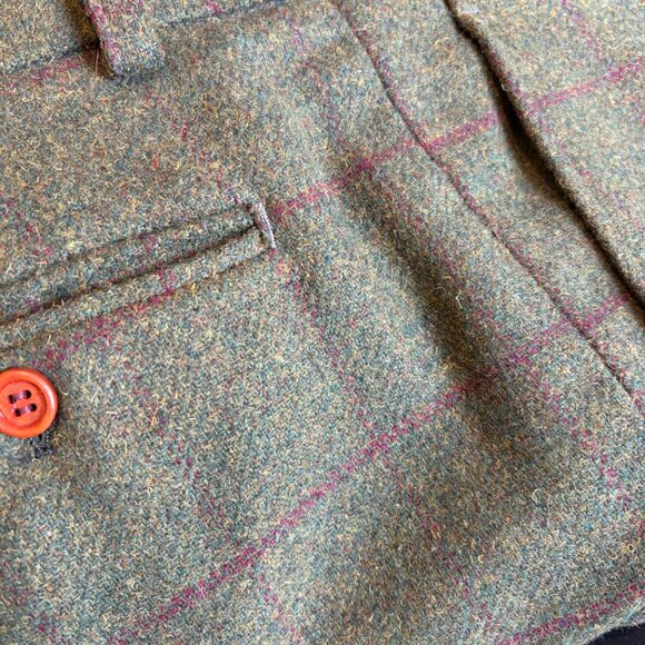 Men's Tweed Pants Trousers - Moss Green with Burgundy Windowpane - 40x27 - Picture 7 of 9